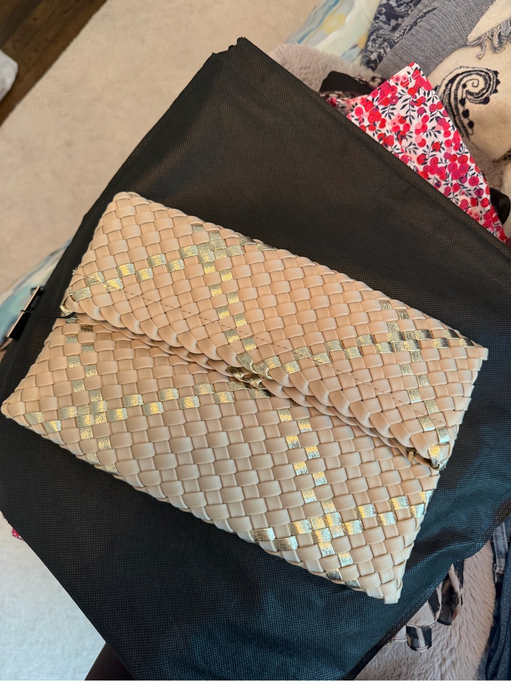 Woven Beige Clutch with Gold Accent - Women's Bag